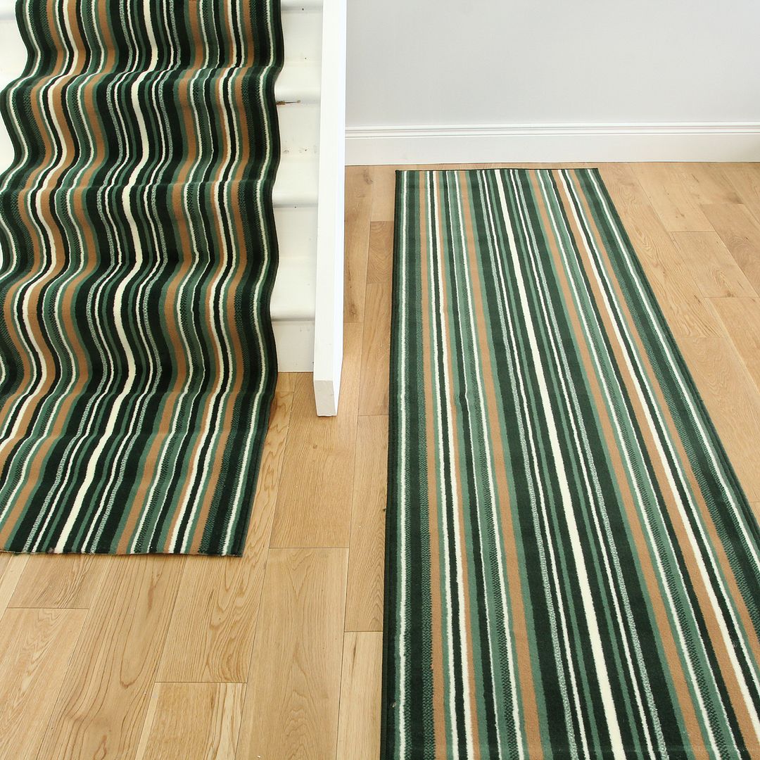 Lima Green Stripe Extra Long Runner Rug Wide Narrow Stair Carpet Any